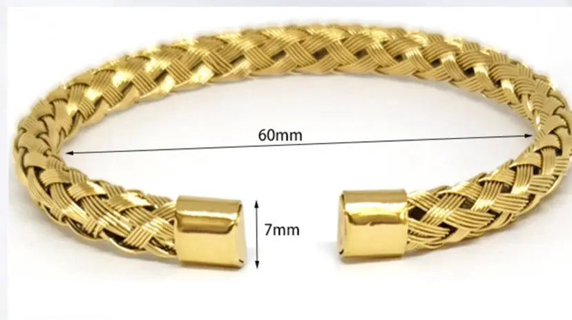 Gold-colored intricately braided metal bracelet with a sleek modern design and square clasp from the Crown Royal diamond beaded bracelet set.
