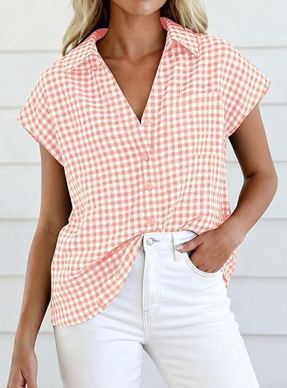 Pink and white gingham plaid button up blouse with short sleeves and front knot detail.