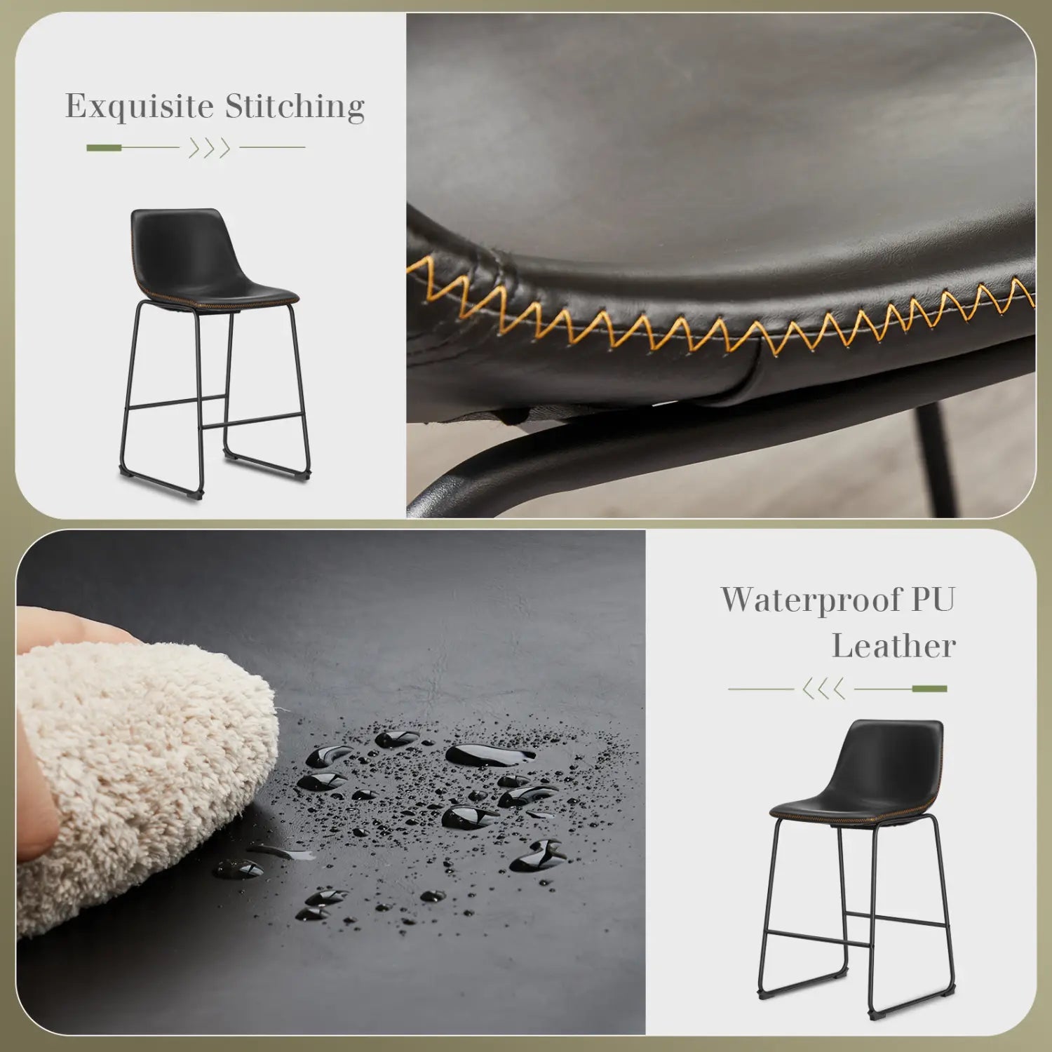 Ensemble de 2 tabourets de bar en cuir noir, chaises de comptoir de style milieu du siècle, avec un cadre métallique élégant et une assise en cuir PU imperméable, présentant une couture dorée en zigzag avec élégance.