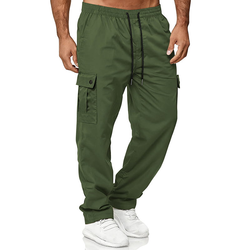 Mens straight leg cargo work pants in olive green featuring multiple pockets and a drawstring waistband designed for durability and utility.