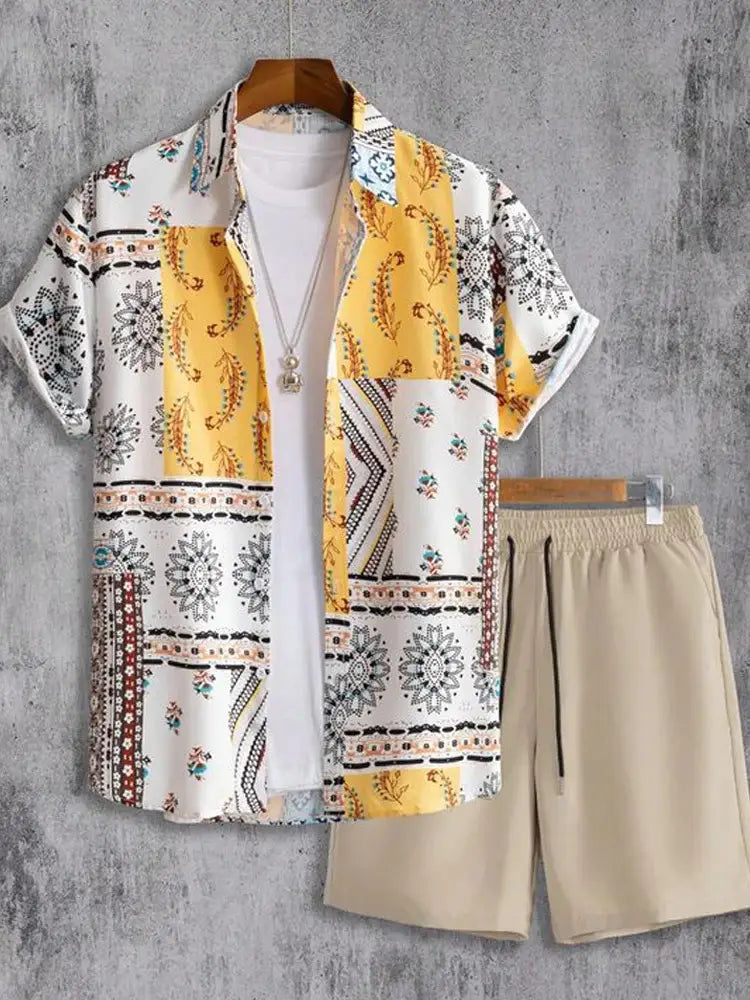 Men’s tropical print short sleeve shirt featuring a vibrant yellow and white patchwork design with intricate black brown and floral patterns.
