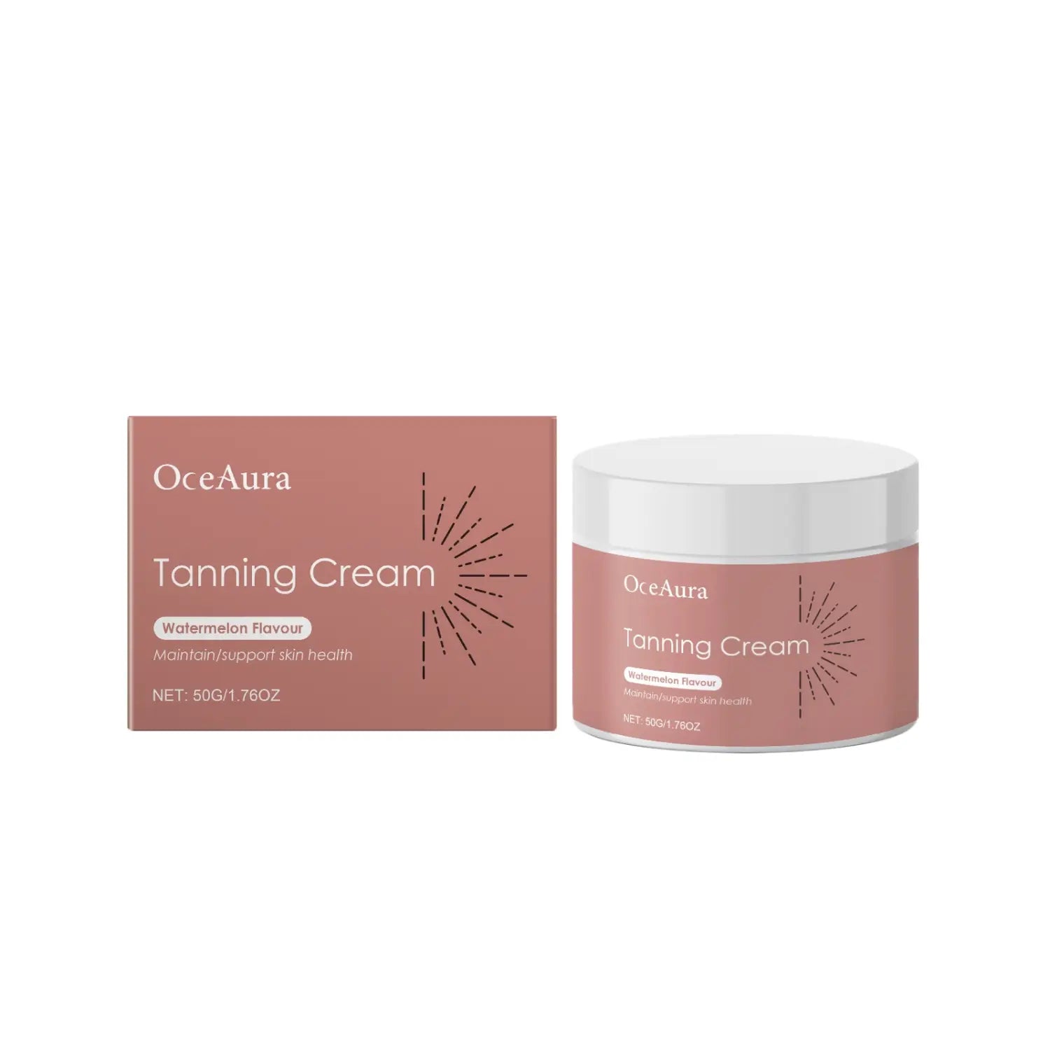 Crème de bronzage Oceaura à la pastèque et à l’huile de coco dans un élégant pot mat rose-rouge, avec un couvercle blanc et une boîte assortie, d’un poids de 55 grammes.