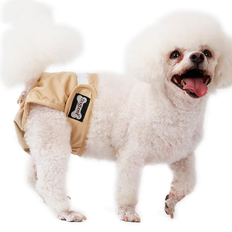 Beige dogeart breathable female dog diaper made of soft material featuring a black and white bone-shaped logo patch.