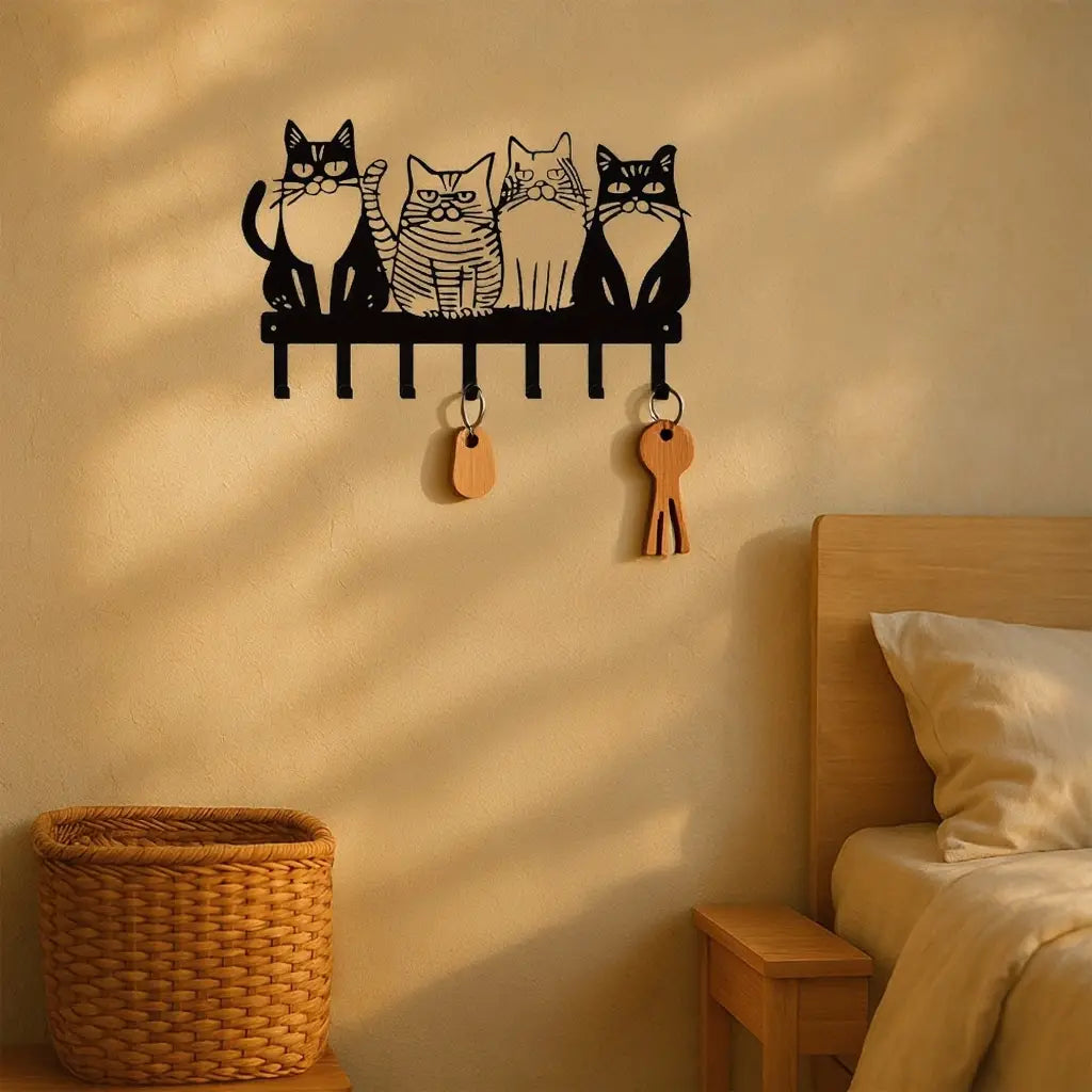 Black metal wall-mounted key holder with four stylized cats in a row, each featuring distinct facial expressions and patterns for home decor and organization.