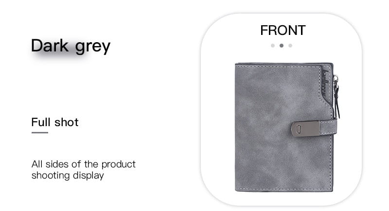 Dark grey textured women’s short faux leather multi slot wallet with metallic clasp and zipper.