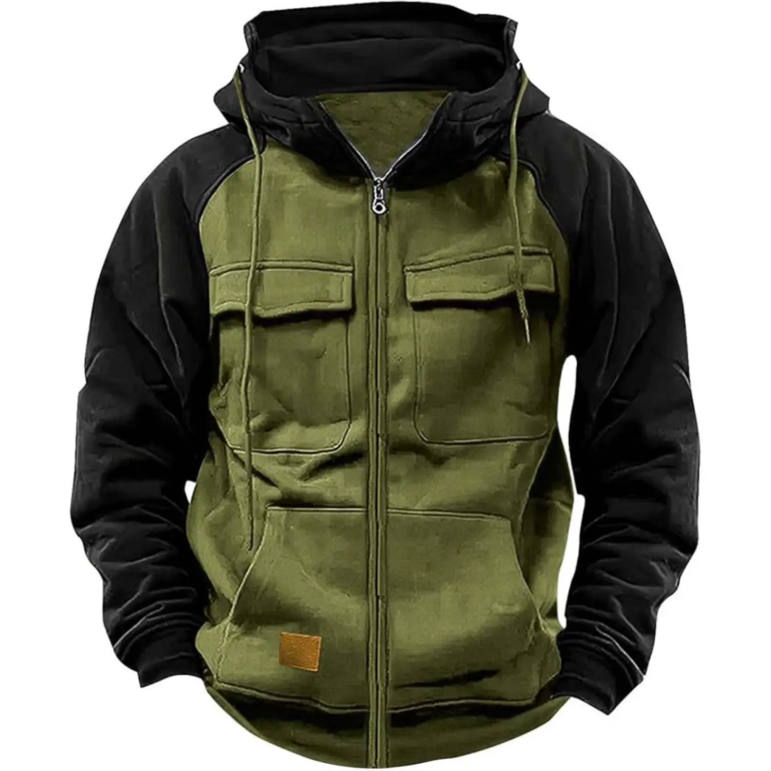 Men’s retro velvet lined olive green and black zip-up hoodie with two front pockets, black lined hood, and small brown leather patch on lower left side.