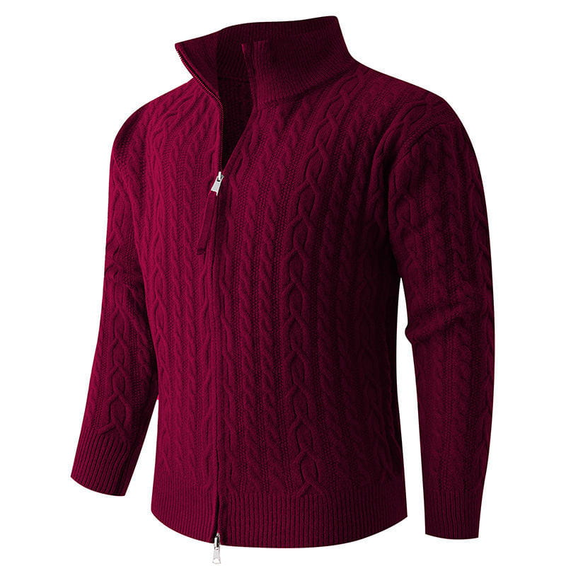Men thick half zip cable knit sweater in maroon featuring a thick cable knit design with ribbed cuffs and hem.
