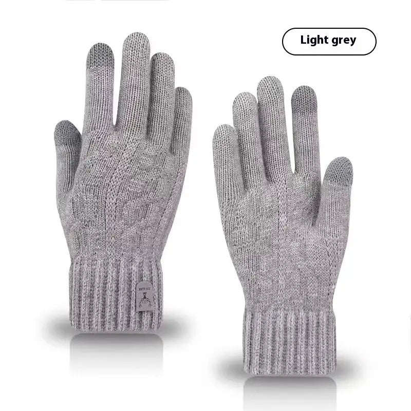 Light grey men’s touchscreen winter knitted gloves made of soft yarn featuring a ribbed cuff and subtle cable knit pattern.