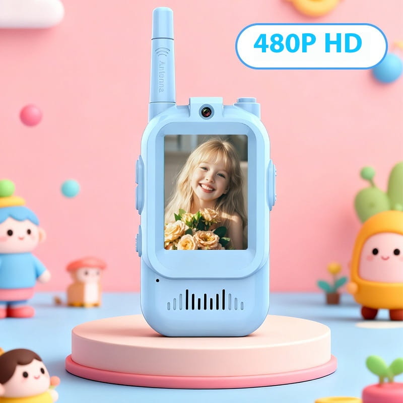 light blue kids video walkie talkies 2 pack with rechargeable intercoms featuring a 480p hd screen displaying a smiling girl holding roses.