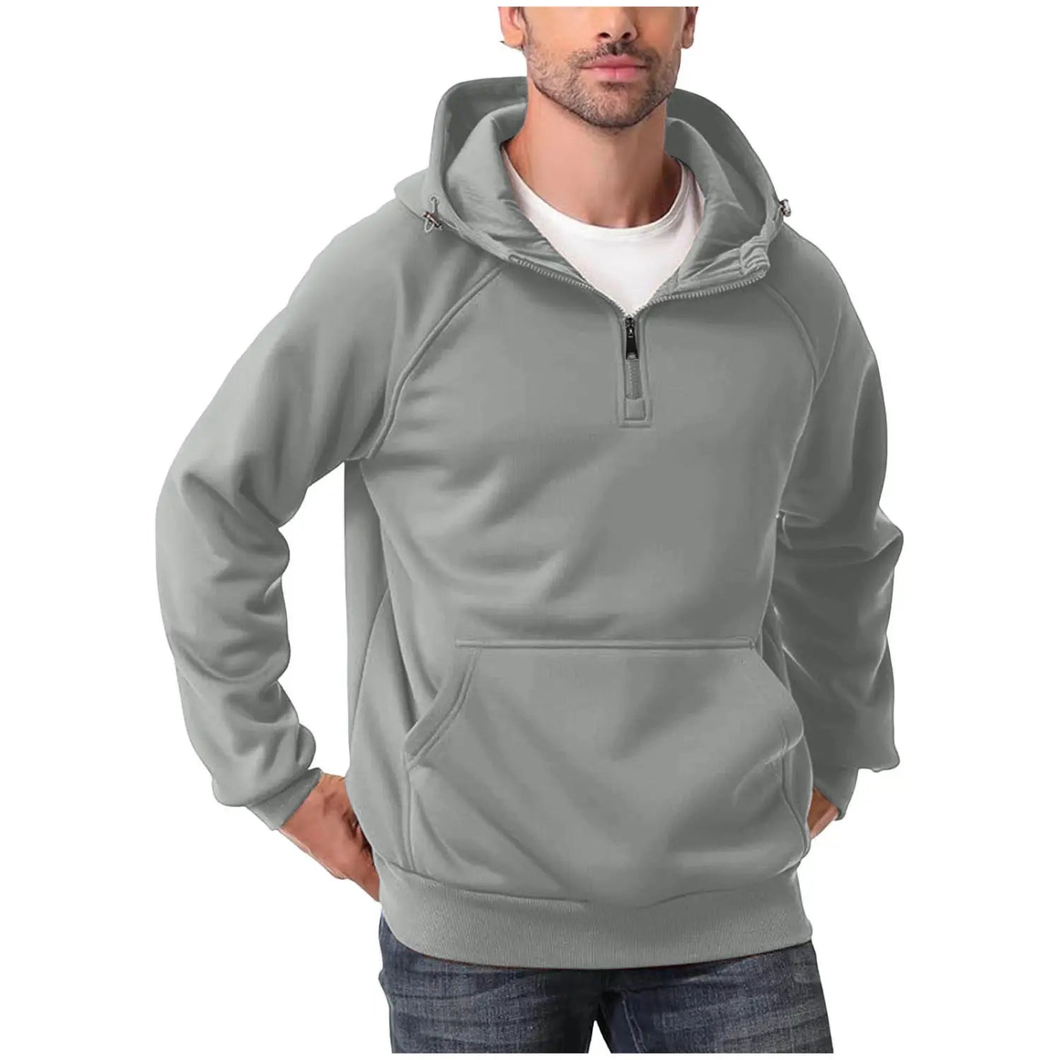 Herren-Casual Soft-Grey-Half-Zip-Pulloverhoodie mit Kordelzug-Kapuze und Fronttasche.