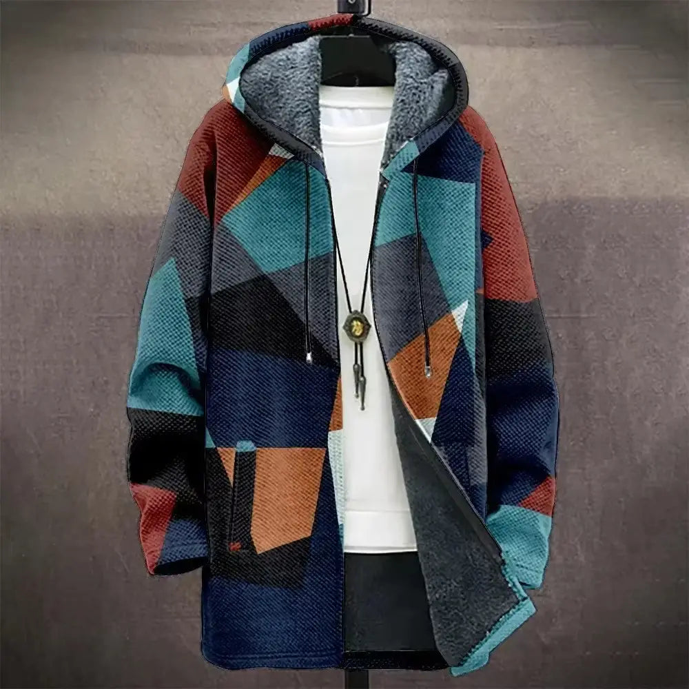 A cozy geometric fleece hooded trench coat in bold teal navy blue and rust tones with a plush gray fleece lining.