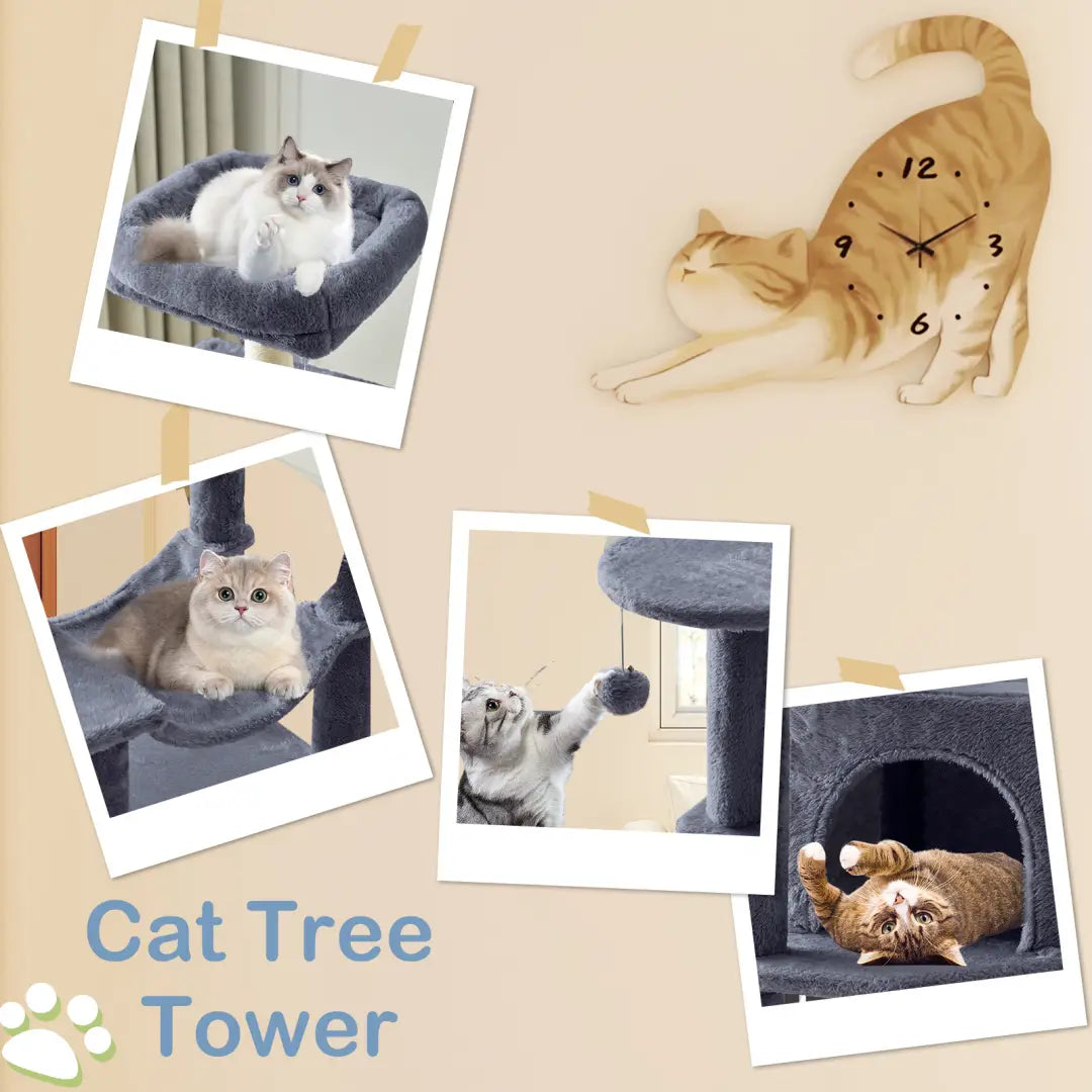 Gray plush 44 inch multi-level cat tree tower featuring sisal scratching posts and multiple platforms for cat climbing and lounging.