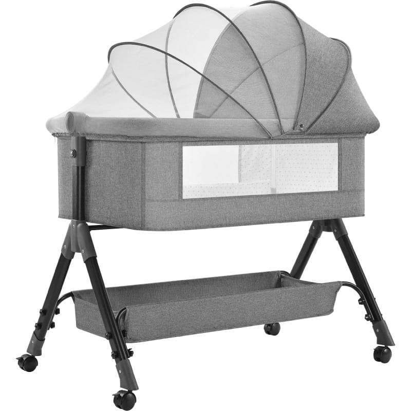 Gray fabric portable folding baby crib with mosquito net mesh canopy and black metal legs with wheels for easy mobility.