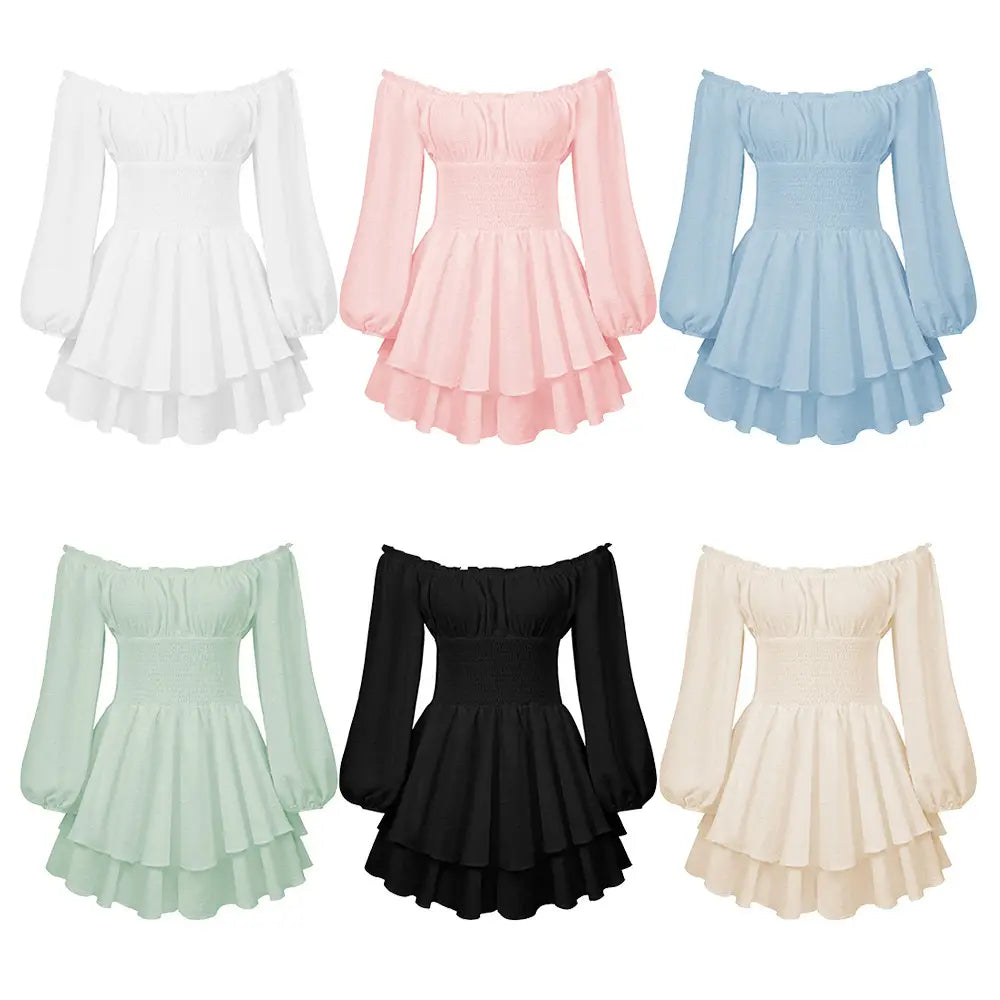 A collection of off shoulder long sleeve ruffled tiered mini dresses in soft pastel and solid colors featuring long puffy sleeves and a fitted bodice with ruffled layers.
