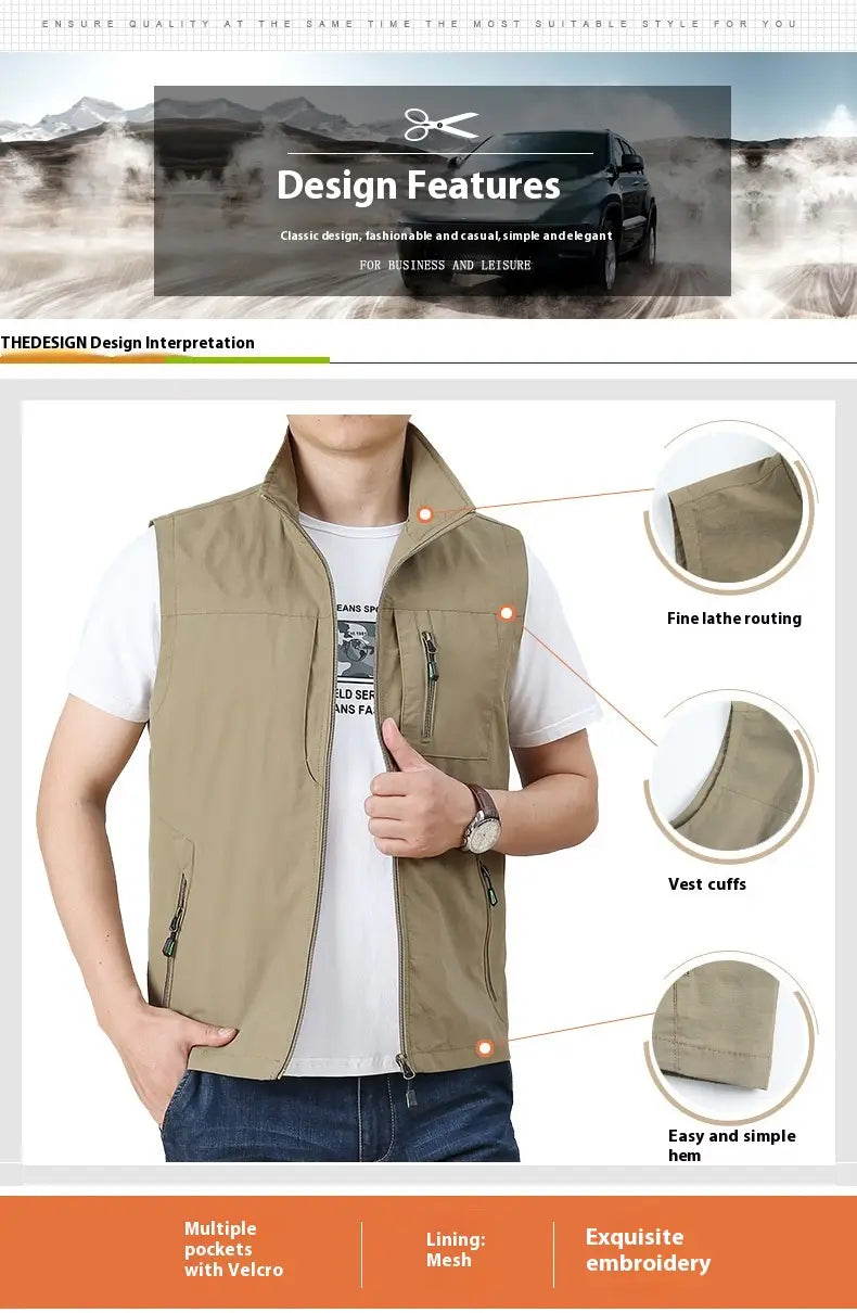 Chaleco utilitario impermeable ligero de color caqui con múltiples bolsillos, con varios bolsillos con cremallera y forro de malla.