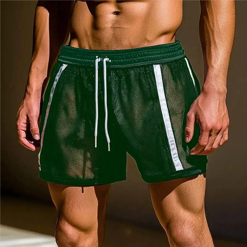 dark green mesh athletic shorts with white side stripes and matching drawstrings designed for quick dry performance.