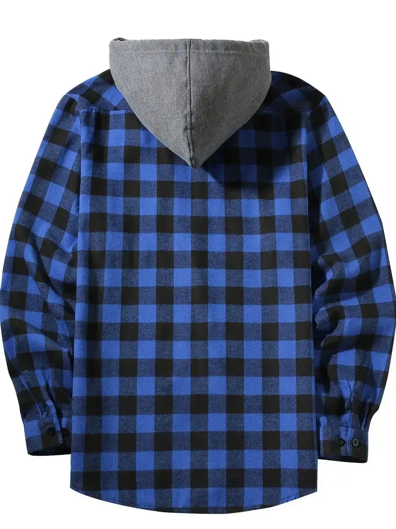 Men’s plaid hooded flannel shirt in blue and black with a gray fleece-lined hood made of soft warm material.