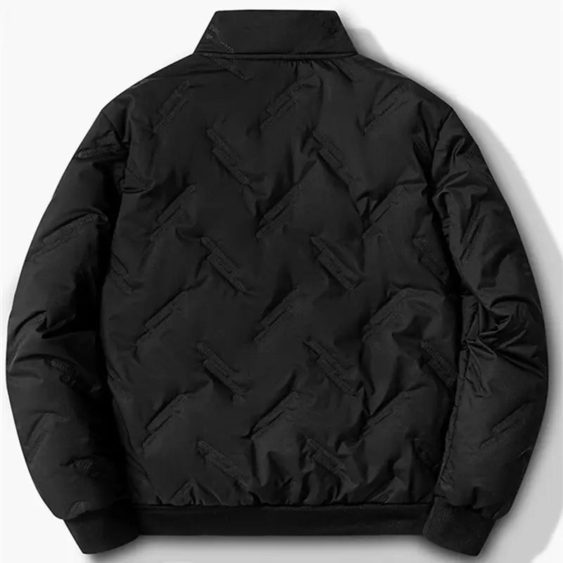 Men’s graphene quilted winter jacket in black with high collar, ribbed cuffs, and fleece lining for cold weather.