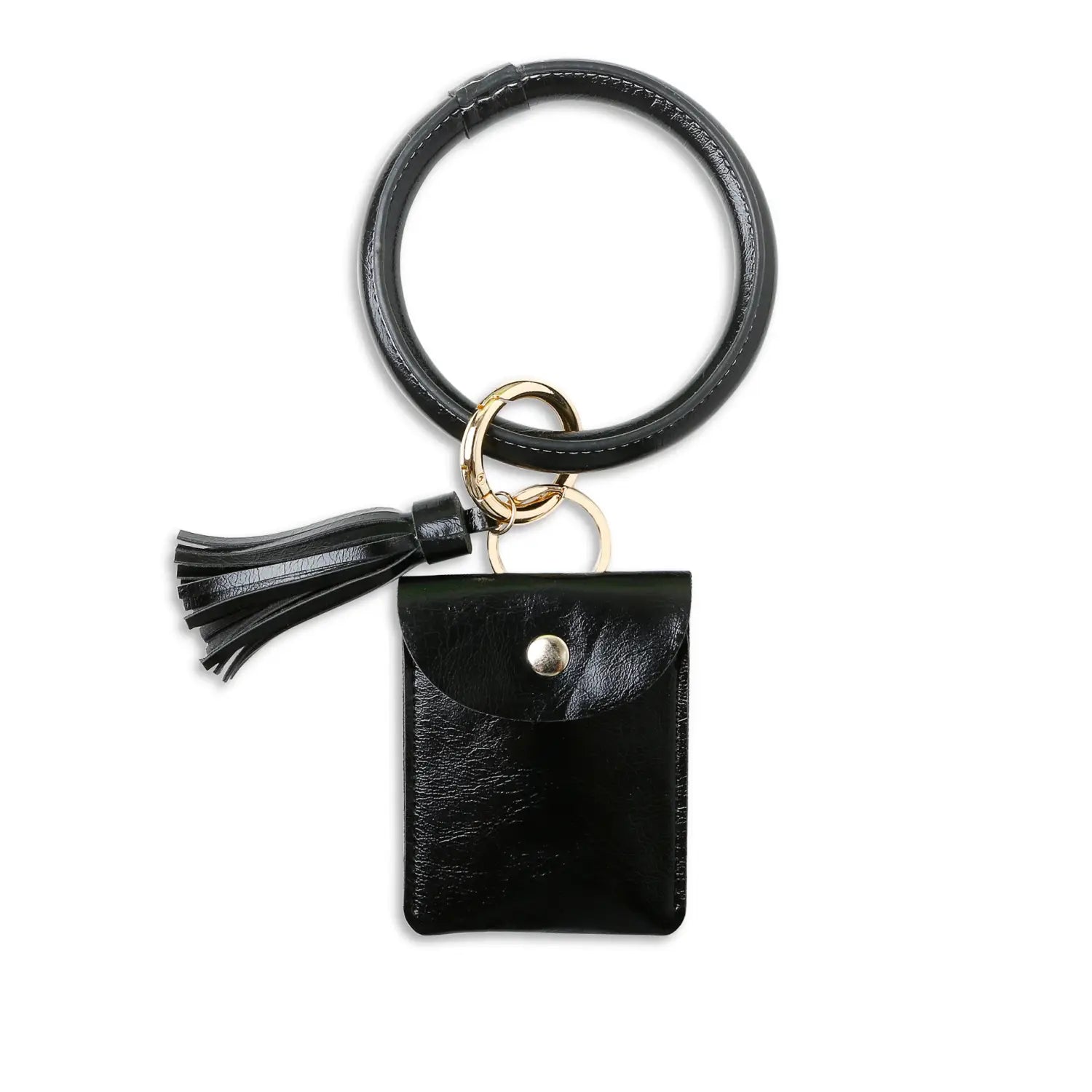 Porte-cartes avec mousqueton de poignet en cuir noir, avec anneau circulaire, quincaillerie métallique ton or et gland assorti.