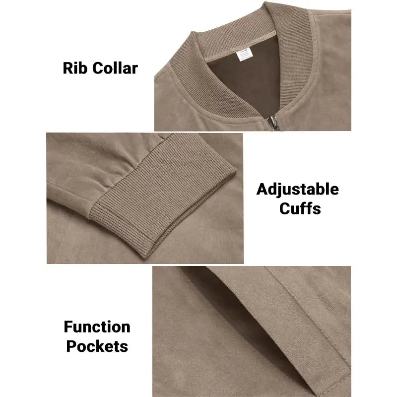 Beige suede bomber jacket with ribbed collar and cuffs designed for men casual retro wear.
