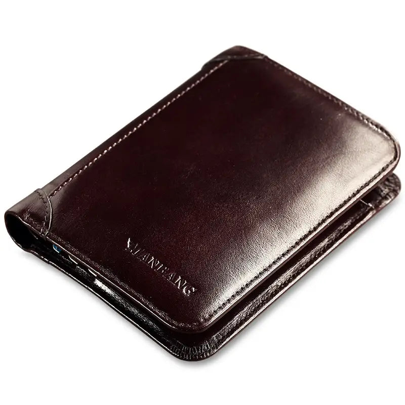 Men’s brown leather wallet with card slots featuring dark brown leather, visible stitching, and embossed branding.