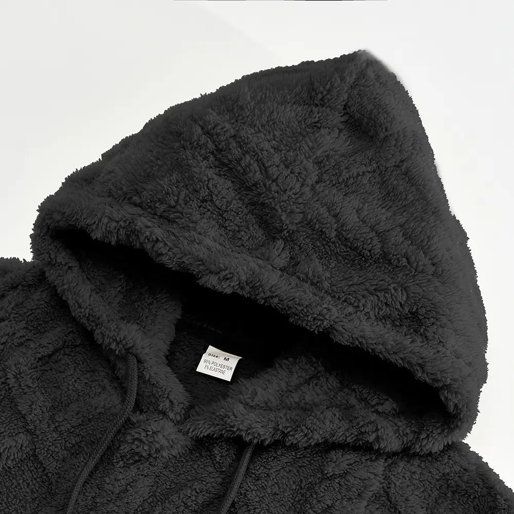 Men’s textured fleece lined knit hoodie in black with a fluffy, soft plush texture and drawstrings.