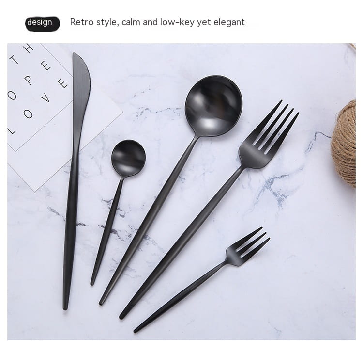 matte black stainless steel cutlery 60 piece tableware set featuring black matte-finished metal with a sleek modern design.