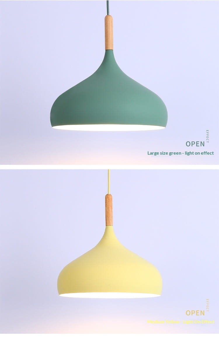Nordic Macaron led pendant light features modern matte green and yellow shades with wooden accents for stylish interior lighting.
