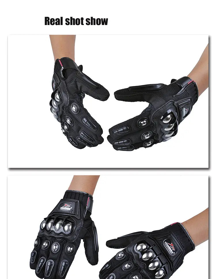 black alloy knuckle motorcycle riding gloves showing the back side with silver protective domes on the fingers and knuckles and a reinforced design for durability