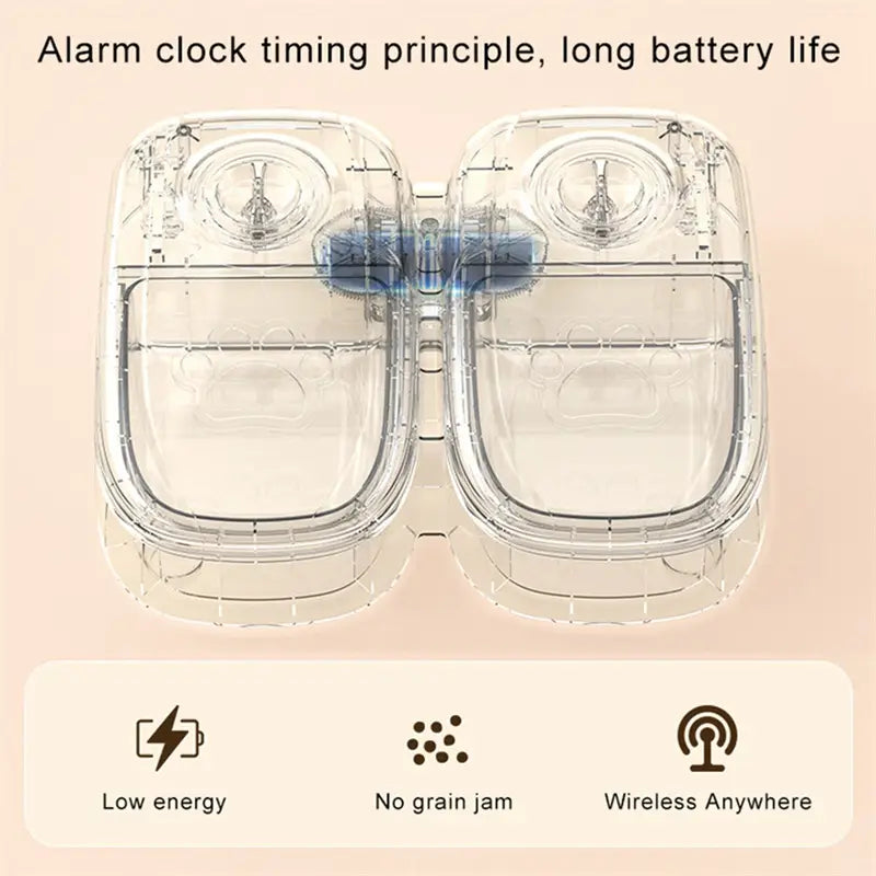 Transparent dual-compartment automatic pet feeder gravity waterer and food dispenser with clear plastic construction and blue internal components.