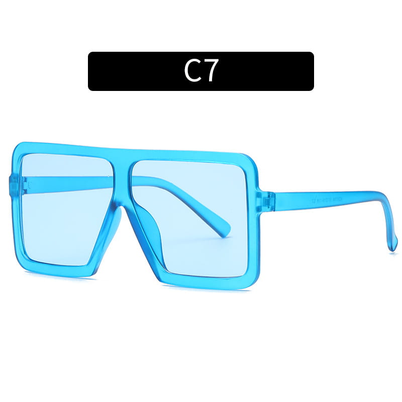 Bright blue translucent plastic oversized square uv400 fashion sunglasses with bold rectangular frame and matching temple arms.