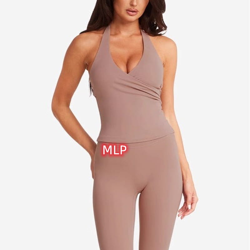 A taupe halter-neck one-piece athletic bodysuit with a draped front design paired with pink high-waisted fitness leggings.
