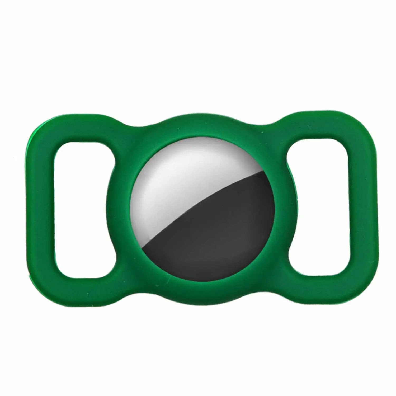 green silicone protective case for apple airtag pet tracker featuring a central circular cutout revealing the watch display