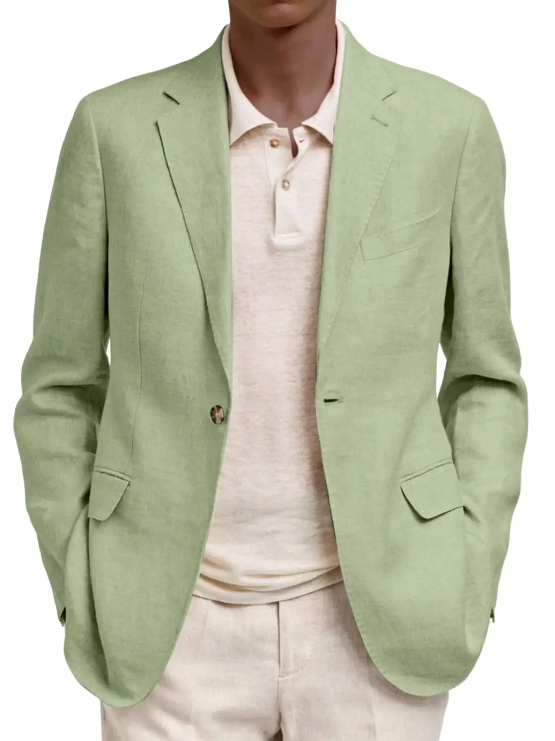 Herren-Leinen-Slim-Fit-Casual-Blazerjackett in hellgrün mit einem einreihigen Design und zwei vorderen aufgesetzten Taschenklappen.