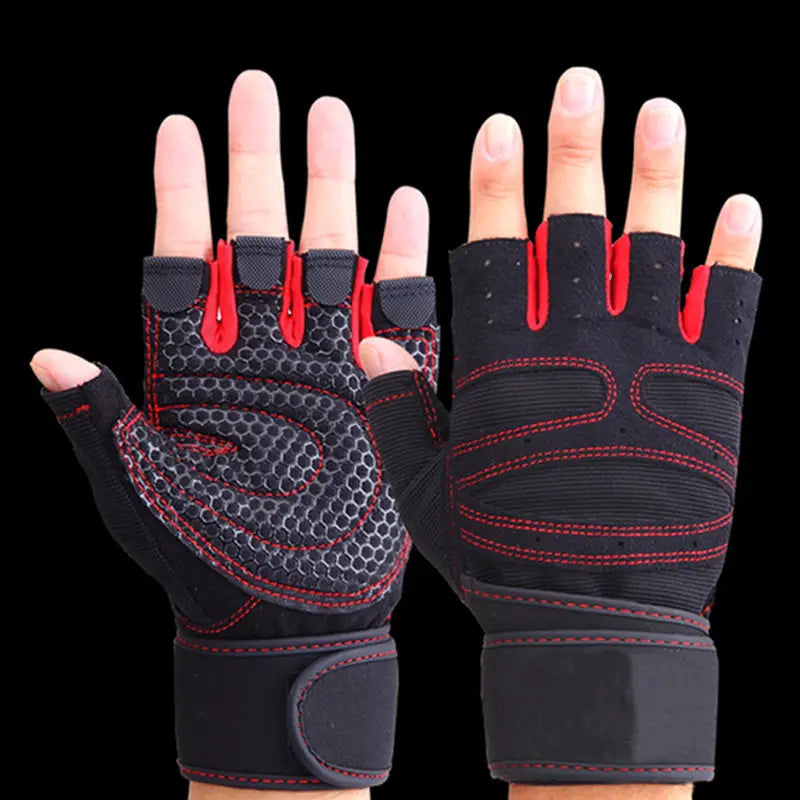 Black and red mesh weightlifting gloves with fingerless design, reinforced stitching, mesh palm, and adjustable wrist straps.