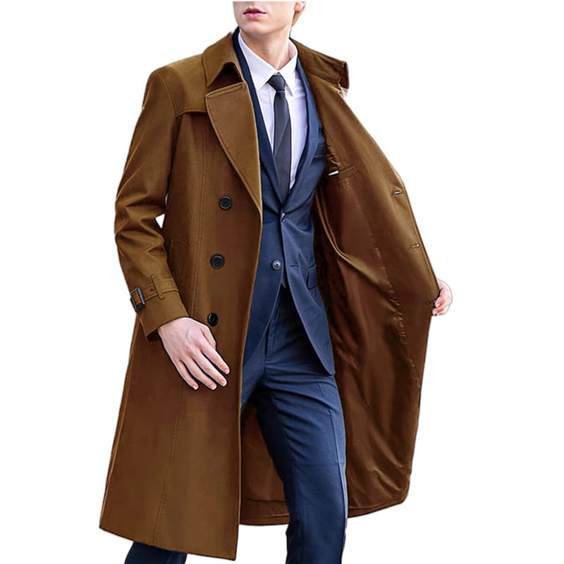 Men solid color long trench coat in brown featuring black buttons and a belted waist.