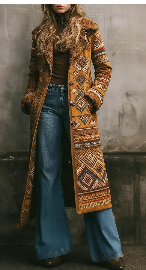 Damen-Langmantel aus Wolle in Senfgelb mit kunstvollen braunen und schwarzen geometrischen Stickereien sowie einem plüschigen Shearling-Kragen und -Ärmelsäumen.