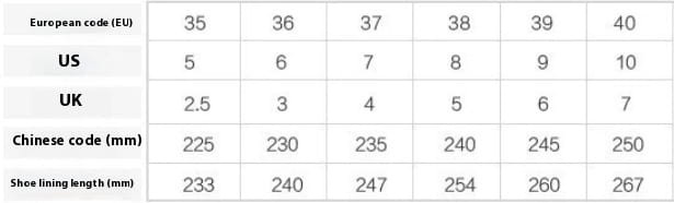 Size conversion chart for leather loafers with square toe and bow detail displaying european, US, UK, and Chinese shoe sizes with corresponding lining lengths.