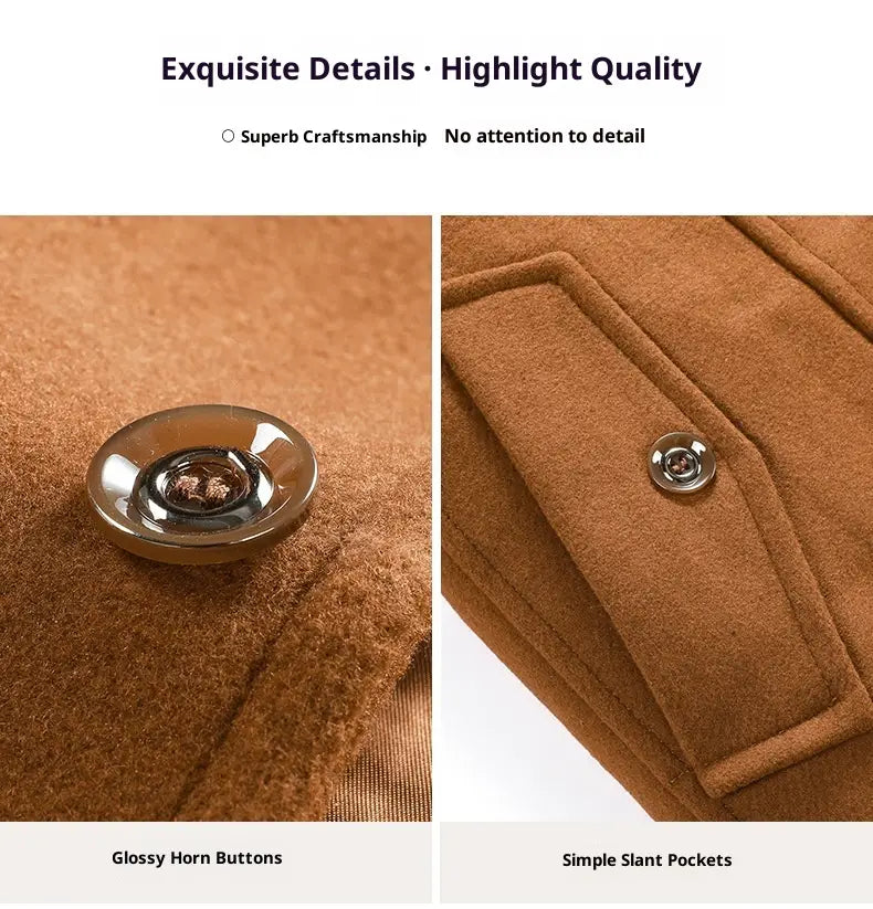 glossy horn buttons with a polished reflective surface on a rich brown woolen mens wool overcoat double collar winter jacket