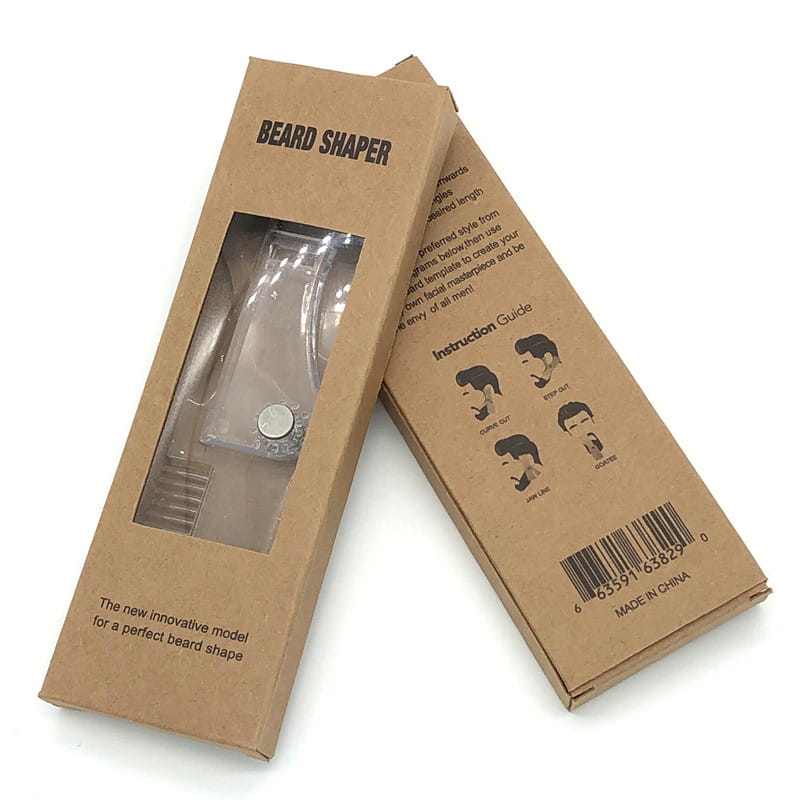 Clear plastic beard shaping template comb with 360 degree rotation displayed inside a brown cardboard box.
