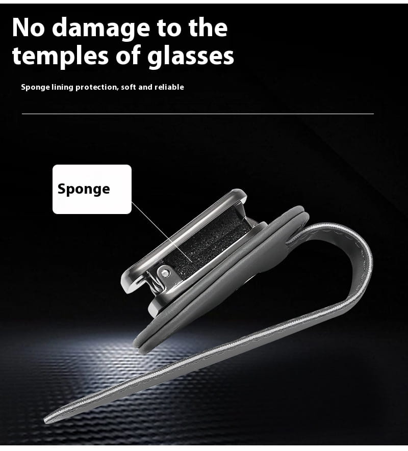Silver-toned metal leather car glasses clip holder with a soft sponge lining for temple protection in a pu leather case.
