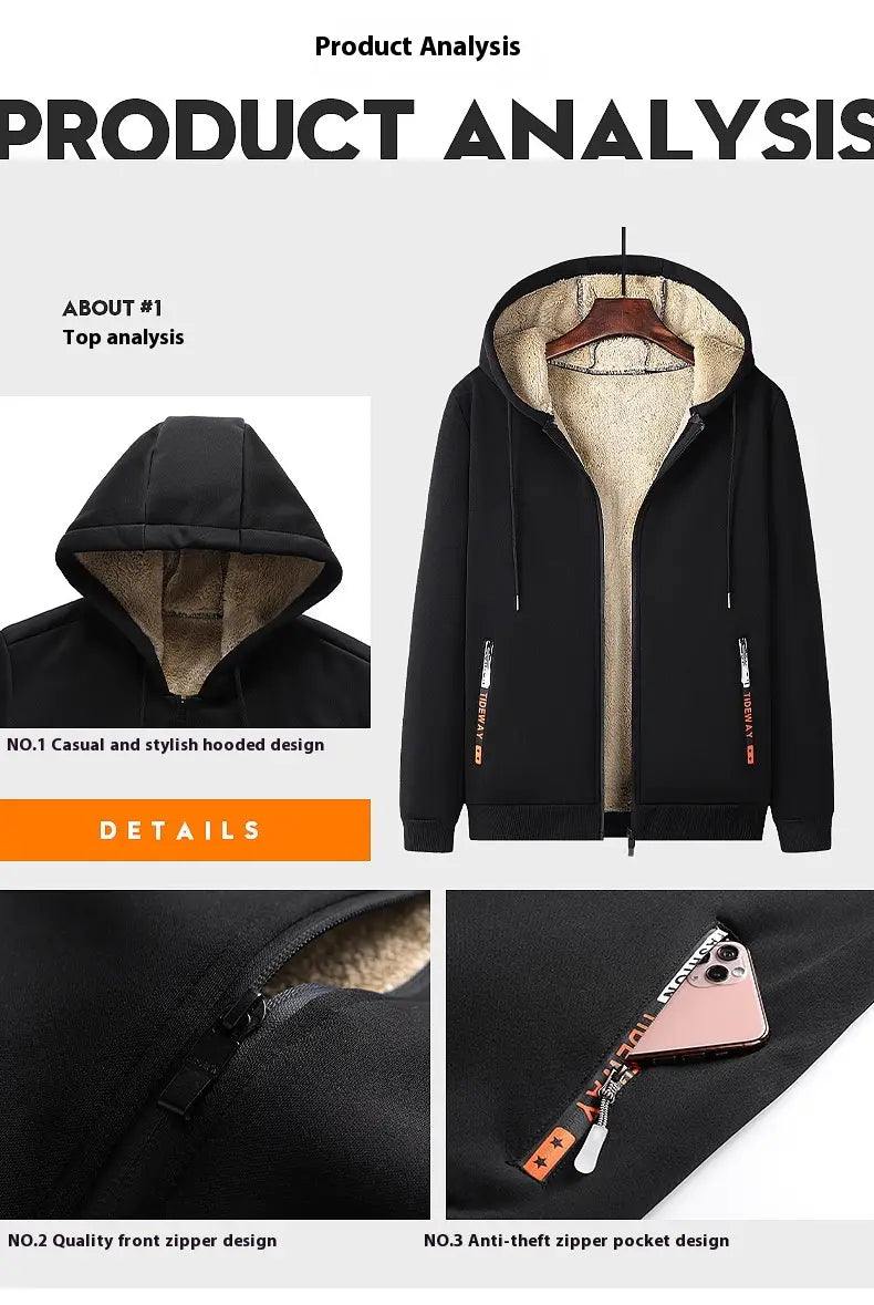 Men fleece lined tracksuit set featuring a black casual zip-up hoodie with plush beige fleece lining and subtle orange zipper pulls.