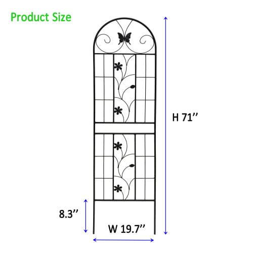 Black wrought iron garden trellis with an arched top and decorative floral and butterfly designs rustproof metal garden trellis 2 pack 71 inches tall.