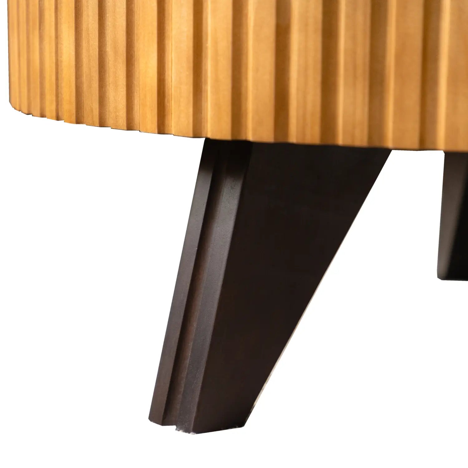 A 35.4 round retro coffee table features a ribbed golden-brown fluted wood top supported by a sleek dark brown wooden leg with a modern tapered design.