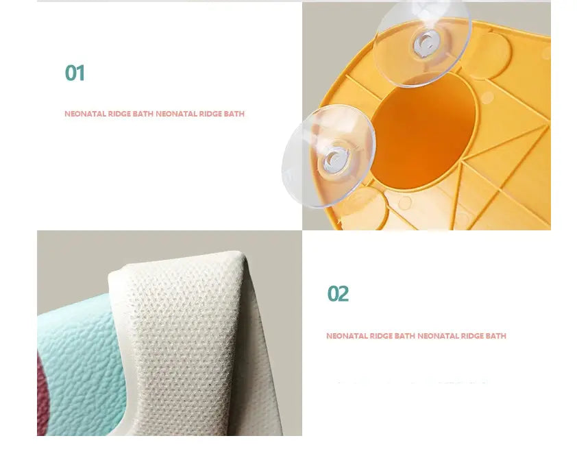 Siège de bain pour nouveau-né en plastique jaune à rebord, avec des ventouses transparentes et des bords blancs texturés rembourrés pour une sécurité antidérapante.