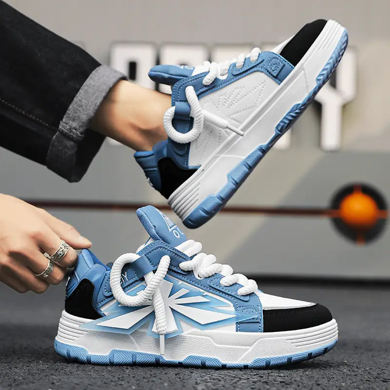 Chunky sneakers for men harajuku low top shoes in blue and white with black accents featuring a bold geometric design on the side.
