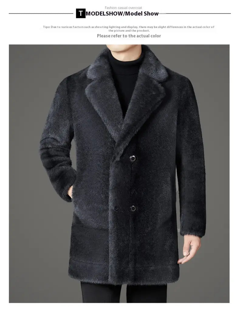 Men’s furs shearling double breasted winter coat in black faux fur with a plush textured surface and matching collar.