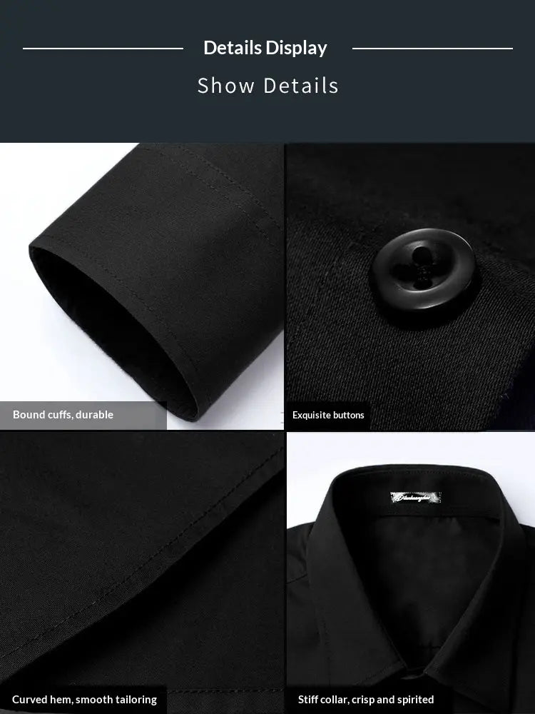 Ein Herren-Slim-Fit-Business-Hemd in Schwarz mit eingefassten Manschetten, exquisit gefertigten Knöpfen, starrem Kragen und abgerundetem Saum.