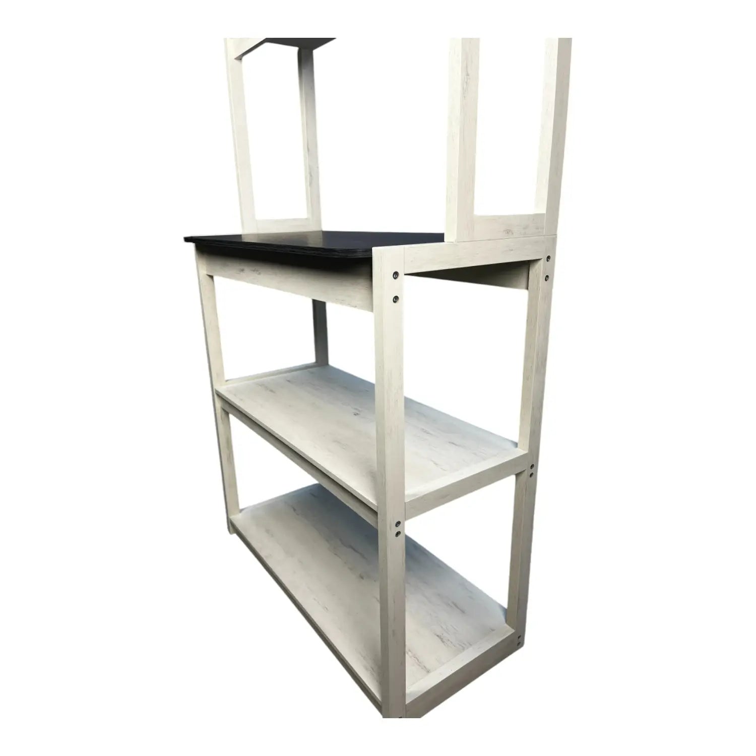 white wooden 5-tier kitchen bakers rack microwave stand with black countertop and three open shelves
