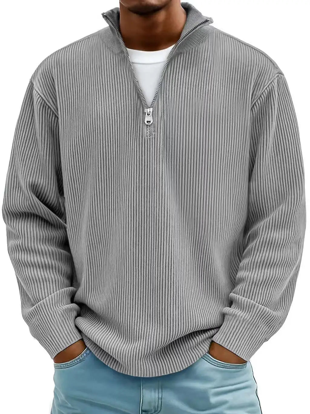 Men’s ribbed knit half zip corduroy polo sweatshirt in gray with a silver zipper pull.